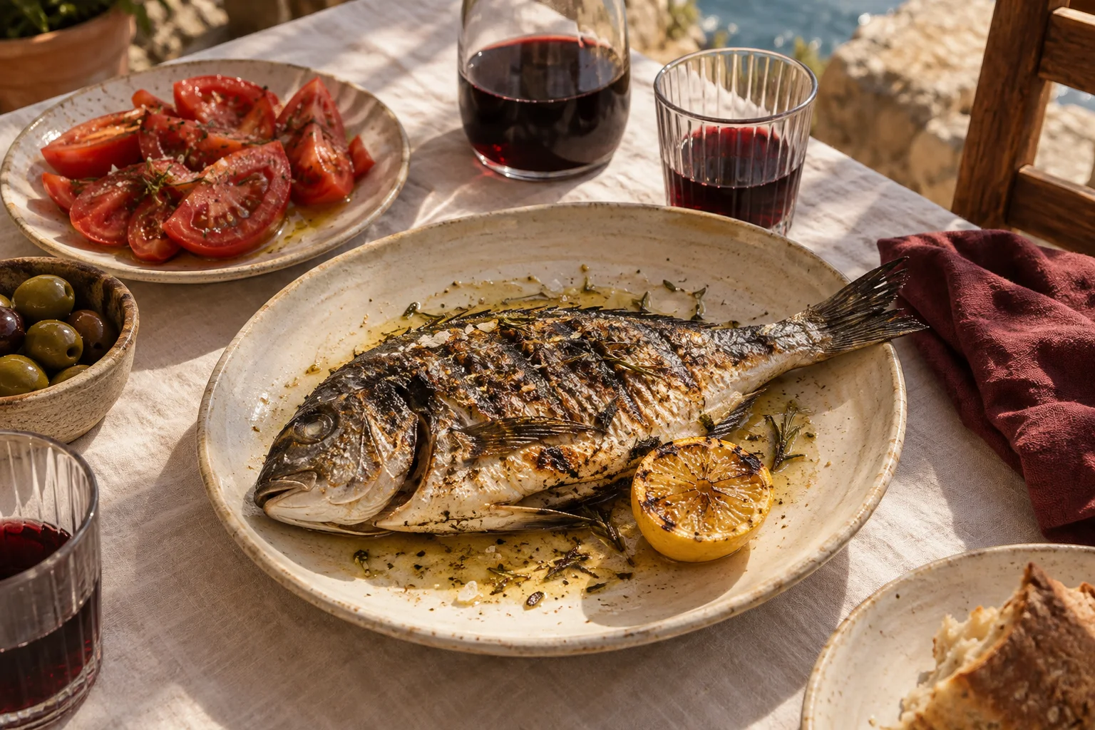 Dorada a la brasa, tomates y una mesa al sol. Escena conceptual.
