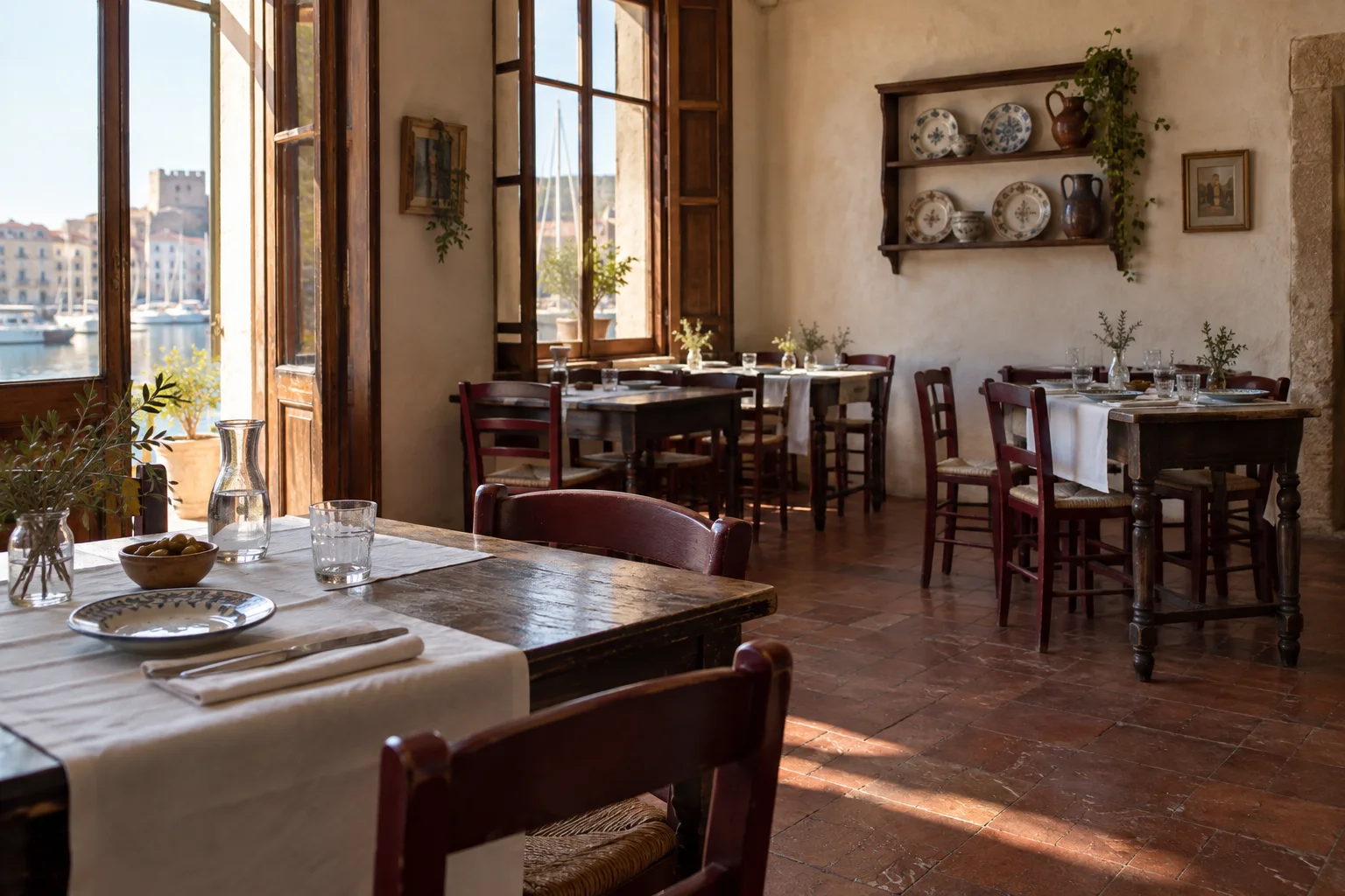Comedor mediterráneo con mesas de madera y luz natural. Espacio ficticio.